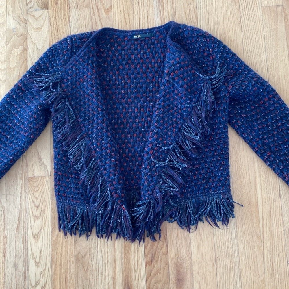 Open front blue Maje long sleeve cardigan fringe trim accent Sz. 2